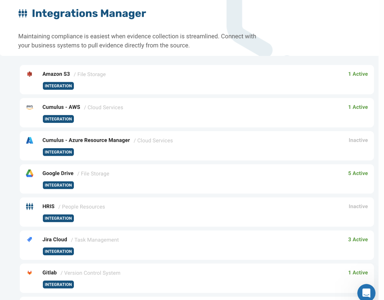 This is a Strike Graph integrations manager list showing active and inactive system connections.