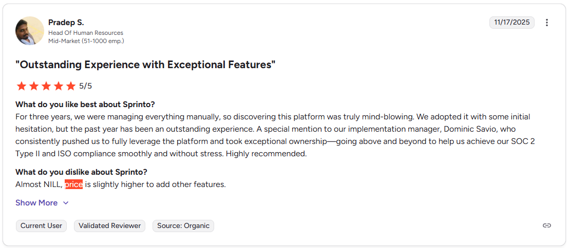 Sprinto user review highlighting exceptional features and feedback on pricing for mid-market compliance automation