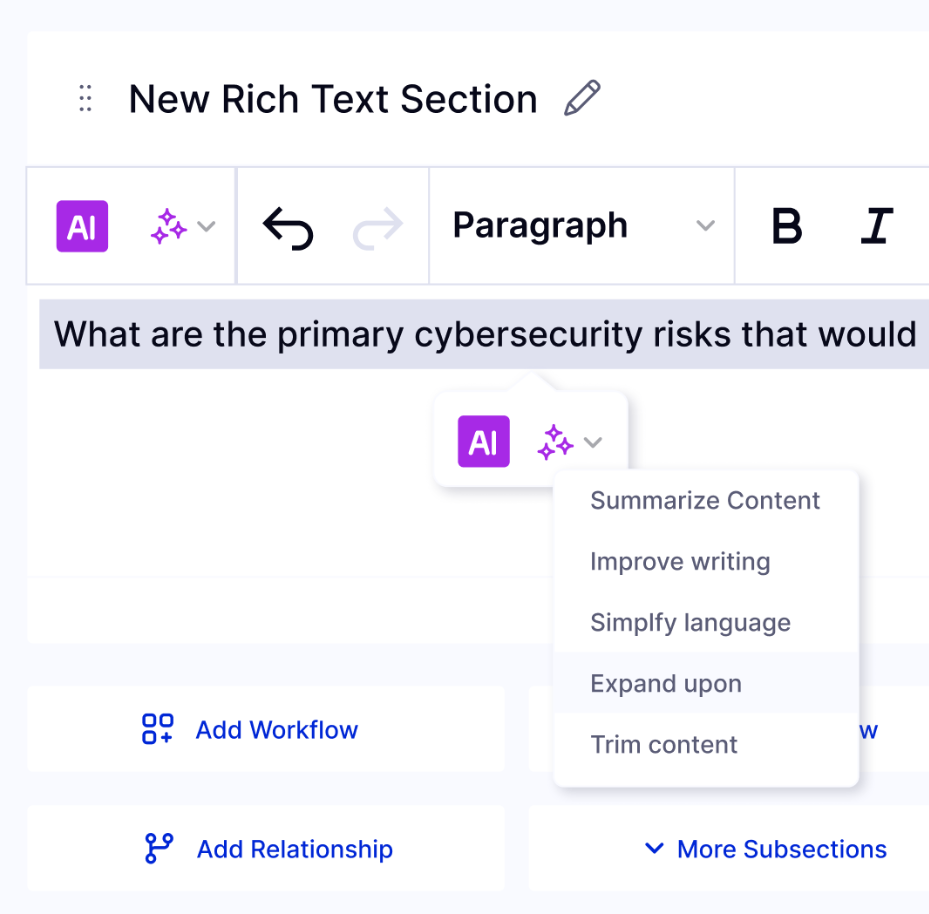 This is a LogicGate interface screenshot showing its AI writing assistant for summarizing, improving, or expanding compliance text.