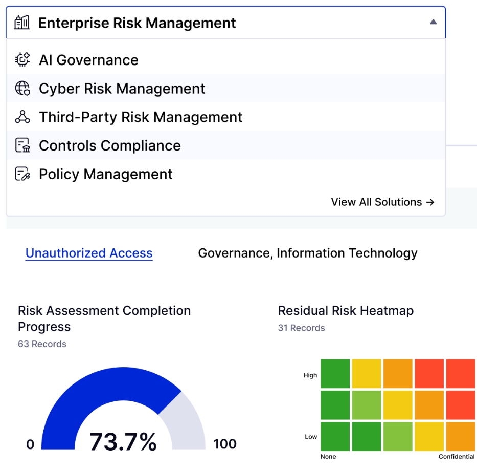 This is a LogicGate solutions menu showing options for AI governance, cyber risk, third-party risk, controls compliance, and policy management.