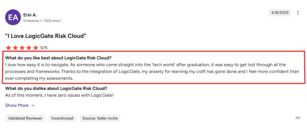 This is a G2 review screenshot showing positive user feedback about LogicGate’s ease of use and navigation.
