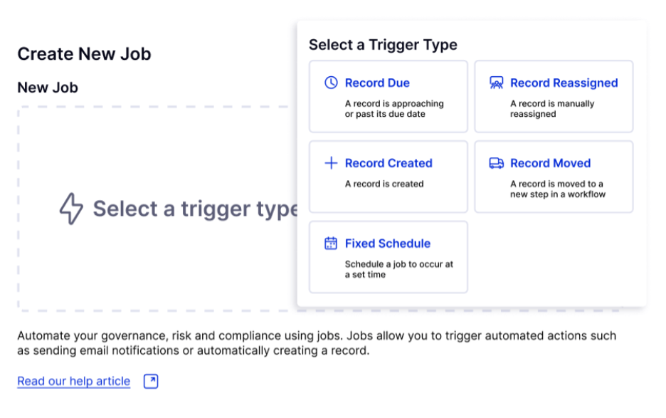 This is a LogicGate workflow automation screen displaying trigger types such as record due, record reassigned, record created, record moved, and scheduled jobs