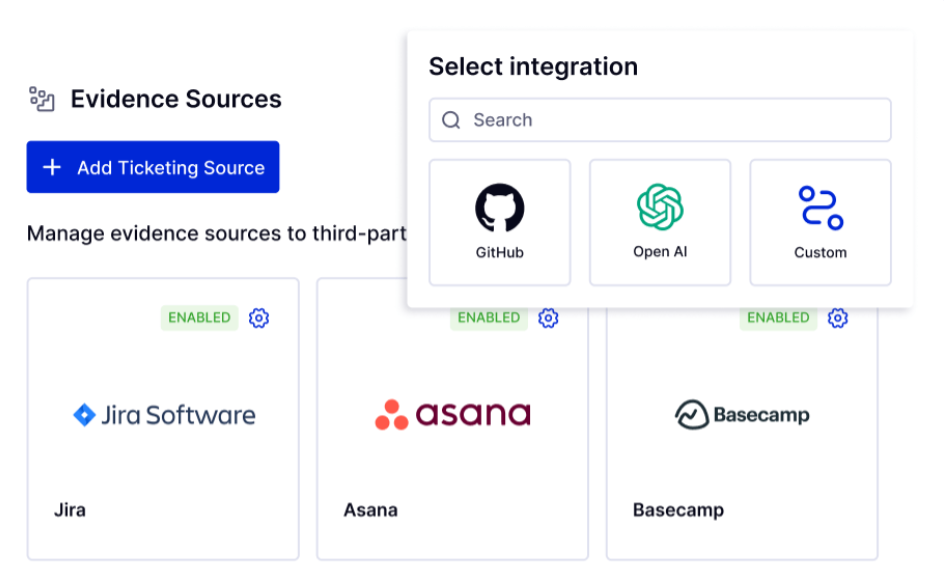 This is a LogicGate evidence sources screen showing integrations with Jira, Asana, GitHub, OpenAI, and other third-party platforms.