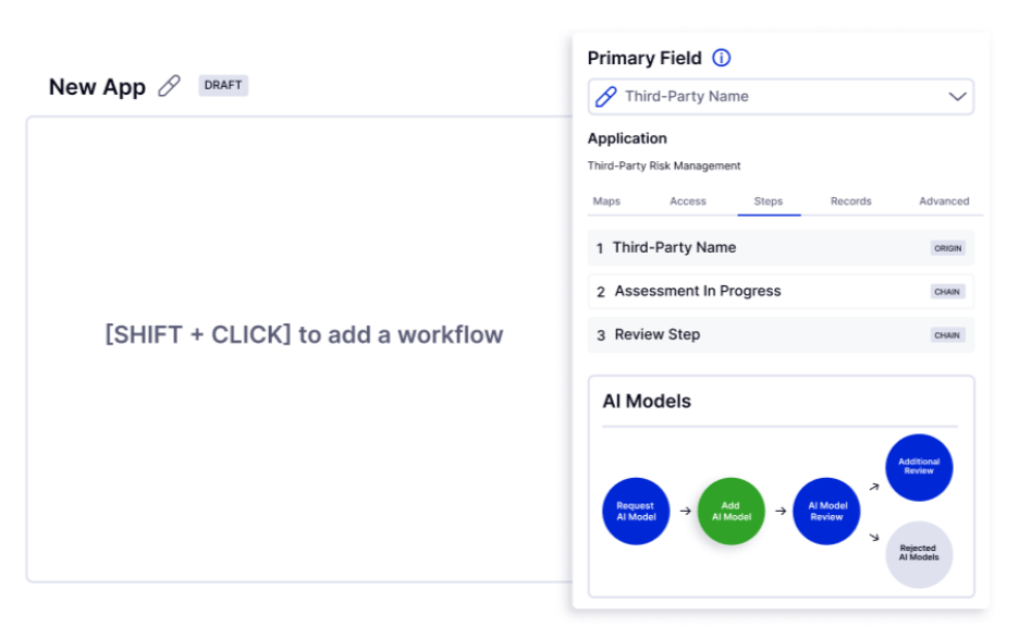 This is a LogicGate no-code workflow builder screen showing third-party risk steps and AI model automation paths.