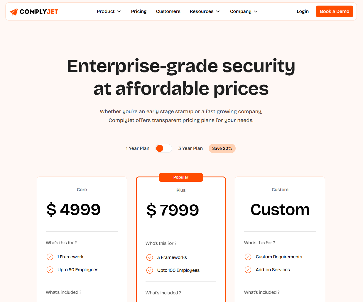 ComplyJet pricing page showcasing pricing tiers of Core- $4999, Plus- $7999 and custom quote.
