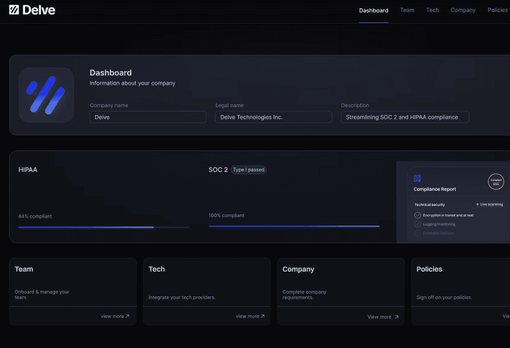 This is an image of Delve dashboard overview showing frameworks like HIPAA, SOC 2.