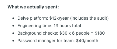 This is an image of, Reddit user sharing SOC 2 cost, including delve platform cost, background checks, password manager, and engineering time total cost $12k.