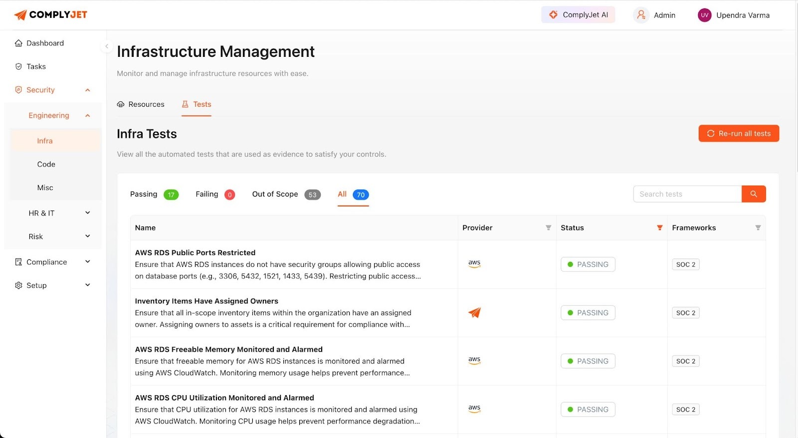 This is an image of ComplyJet Dashboard of Infrastructure management.
