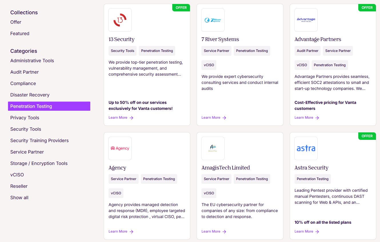 This is a Vanta marketplace view displaying multiple penetration testing partners, pricing offers, and service categories available through Vanta’s pen testing services (Source: Vanta Marketplace).