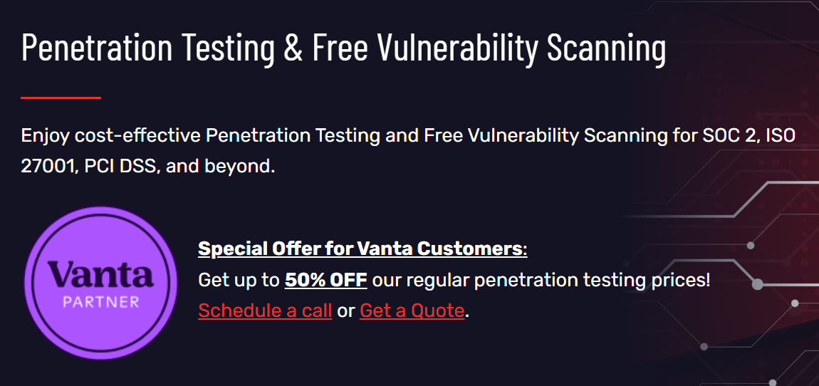 This is a promotional banner highlighting a 50% discount on penetration testing from 13 Security for Vanta customers, shown within the Vanta pen testing partner marketplace (Source: 13 Security via Vanta Marketplace).