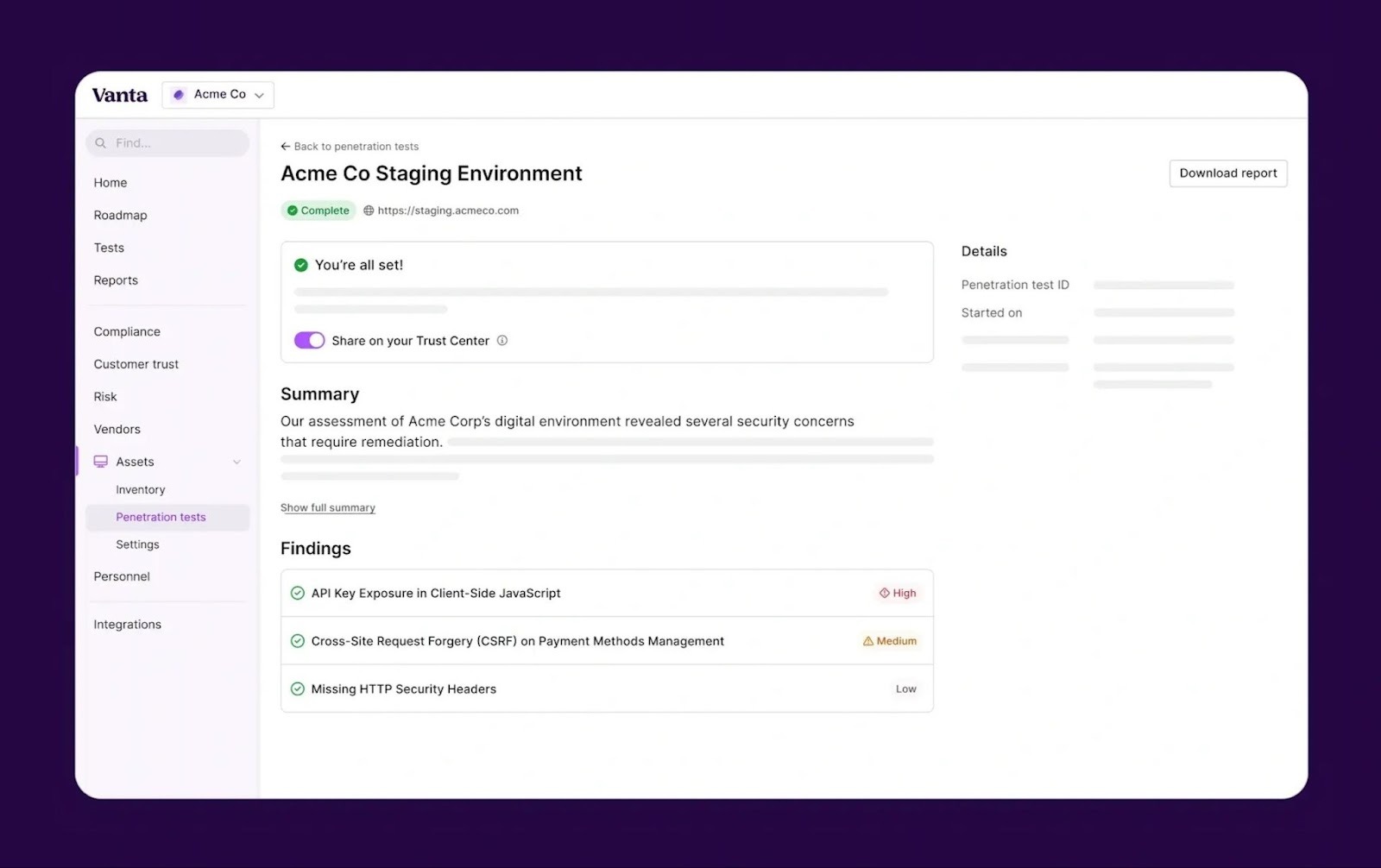 This is a Vanta penetration testing dashboard showing test completion status and categorized security findings such as API key exposure and CSRF issues (Source: LinkedIn).