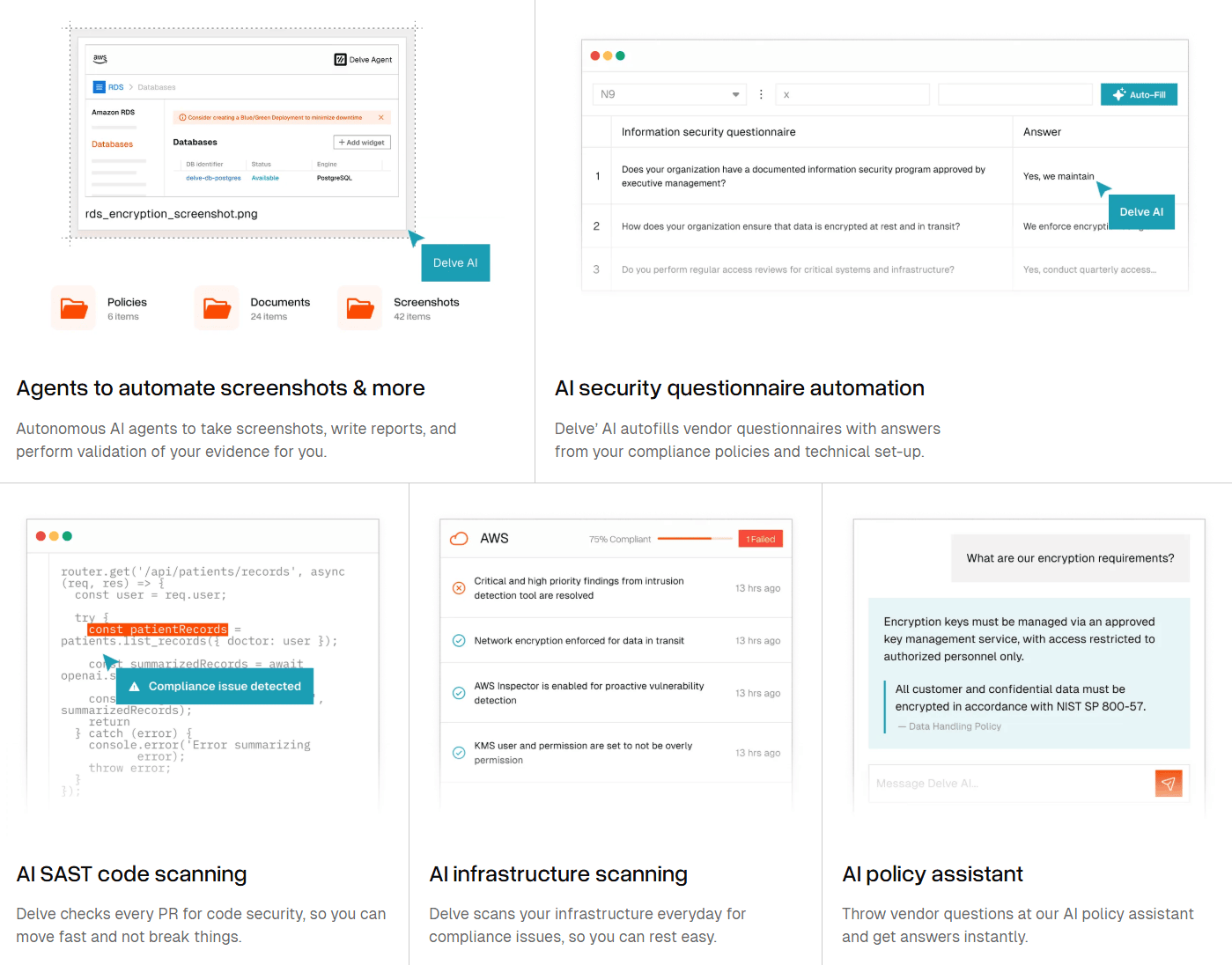This is a screenshot of Delve’s AI compliance agents automating evidence collection and security questionnaires (source: Delve).