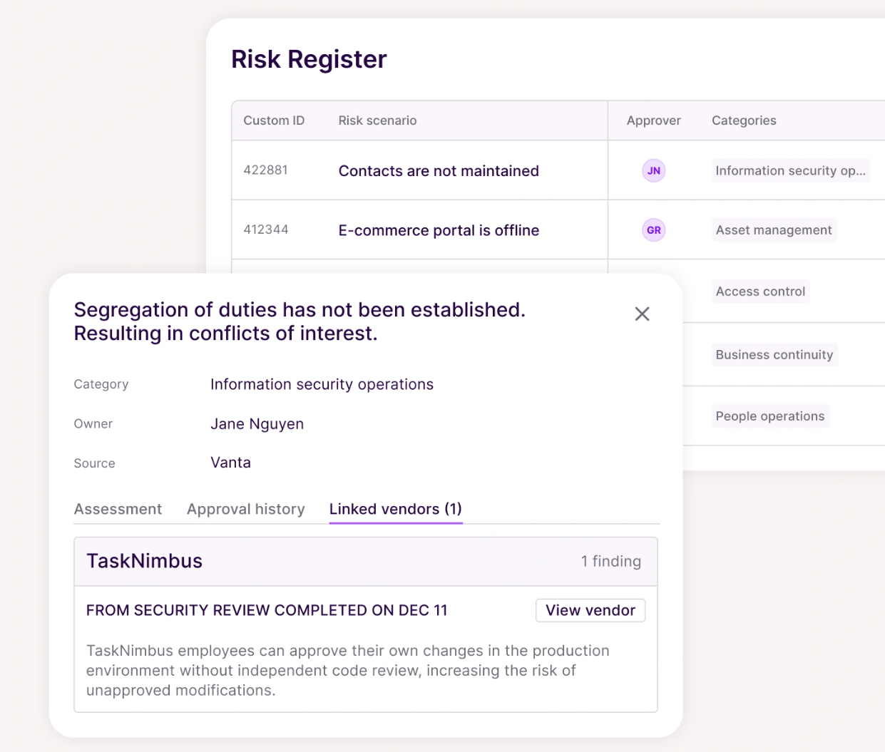 This is a Vanta risk register dashboard showing tracked risks, approvals, and linked vendor findings (Source: Vanta).