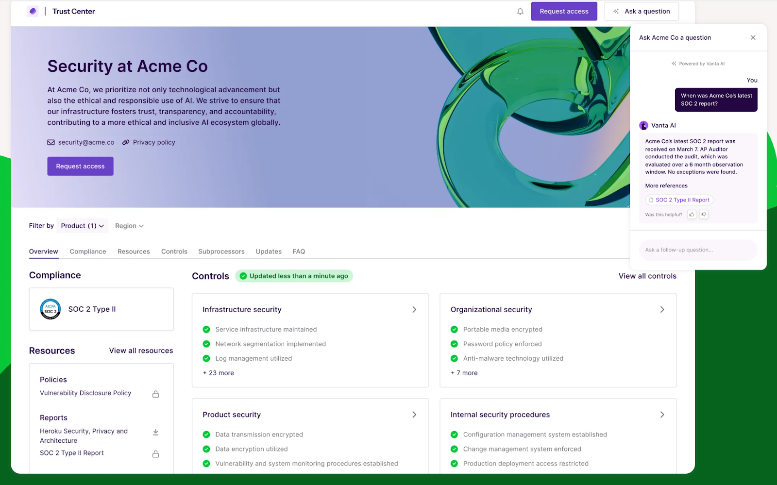 This is a Vanta Trust Center interface displaying SOC 2 compliance status, controls, and public security information (Source: Vanta).