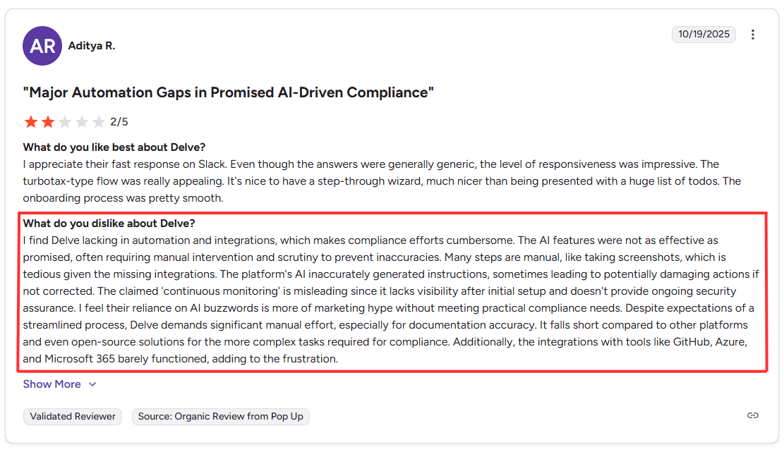 This is a screenshot of a negative user review highlighting automation and integration gaps in Delve (source: G2).