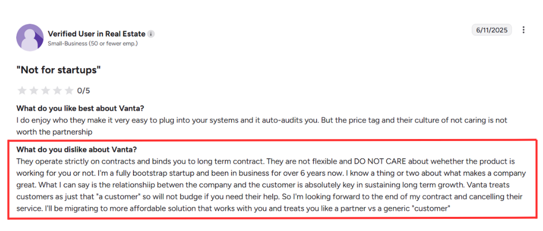 This is a screenshot of a negative user review highlighting user friction for small teams using Vanta (source: G2).