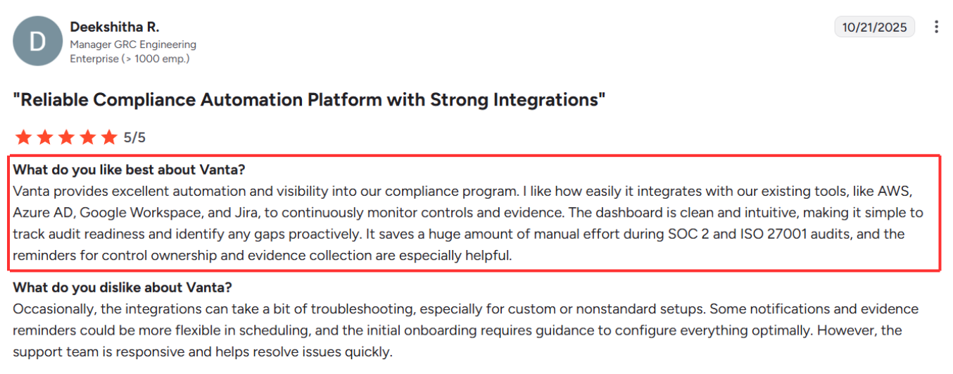 This is a screenshot of a positive user review praising Vanta's advantages when it comes to handling multiple integrations (source: G2).