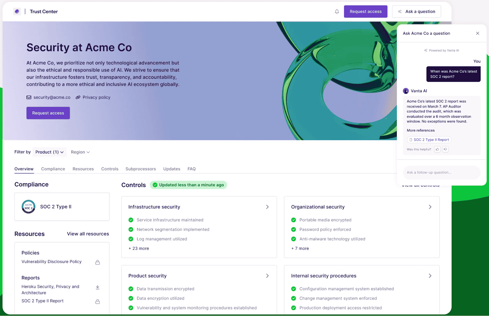 This is a Vanta Trust Center dashboard screenshot featuring compliance status, controls overview, and the built-in Vanta AI question assistant (source: Vanta)