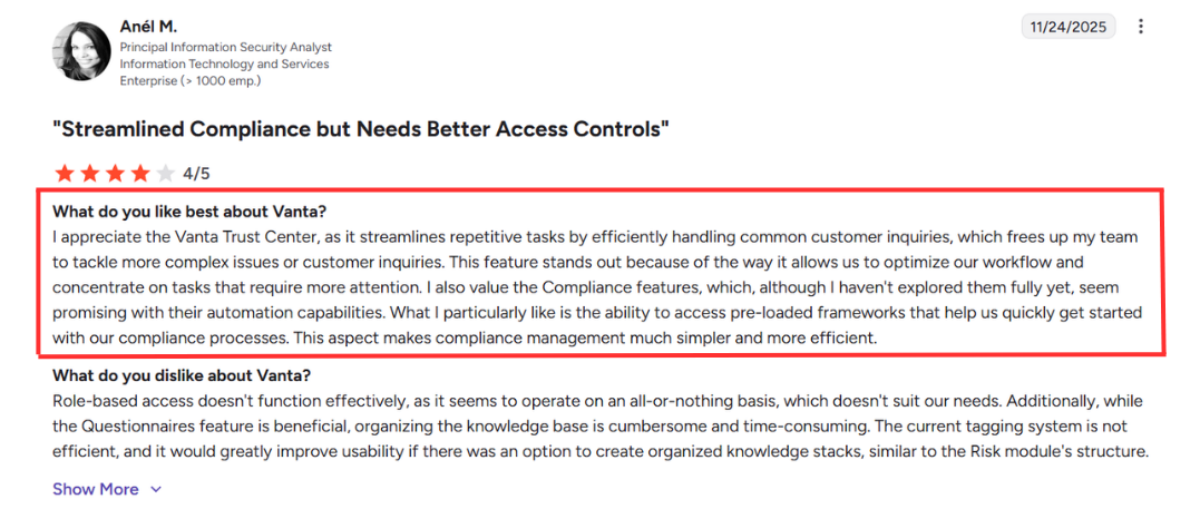 G2 review noting streamlined compliance with limitations in Vanta access controls