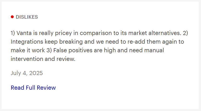 This is a Gartner screenshot of a negative review highlighting high pricing, unstable integrations, and false-positive compliance alerts in Vanta.