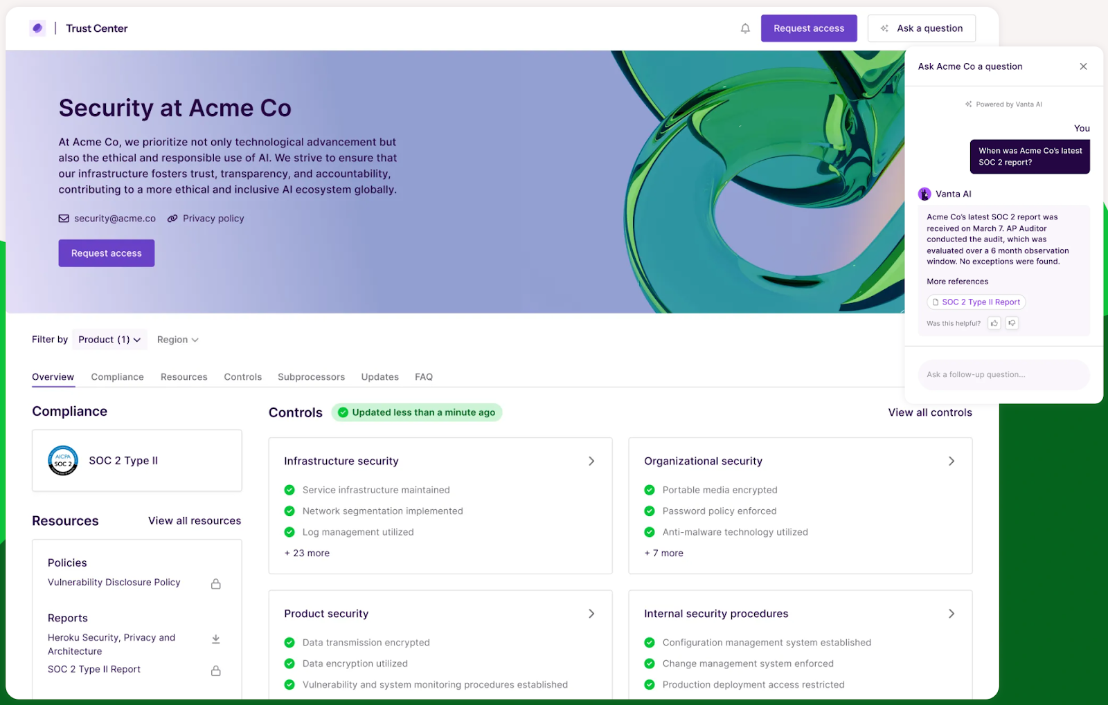 Vanta Trust Center portal displaying SOC 2 compliance status, security controls, policies, and customer-facing assurance content. Source: Vanta.