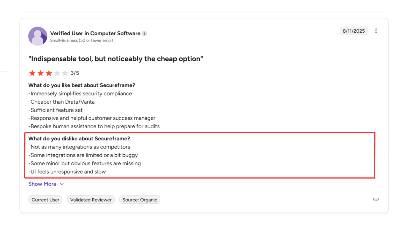 This is a screenshot of a negative Secureframe customer review from G2 highlighting limited integrations, buggy features, and slow user interface performance.