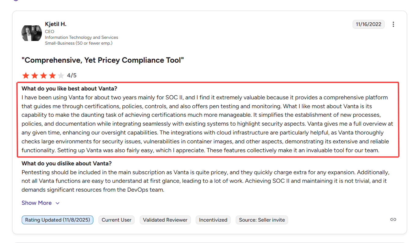 This is a screenshot of a positive Vanta customer review from G2 highlighting comprehensive SOC 2 compliance features, cloud integrations, and strong security monitoring capabilities.