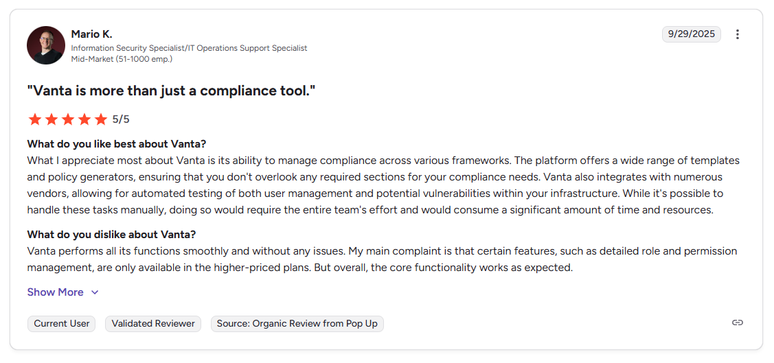 This is a G2 review explaining that Vanta is intuitive and well-organized but can feel overwhelming due to the breadth of features and information. (G2)