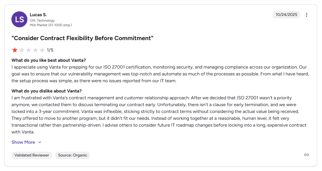 This is a G2 review criticizing Vanta's renewal trap. (G2)