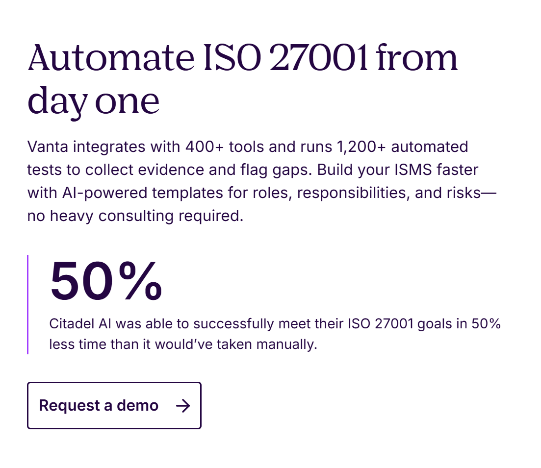 This is a Vanta marketing visual highlighting ISO 27001 automation, AI-powered evidence collection, and a case study claiming 50% faster compliance timelines. (Source: Vanta)