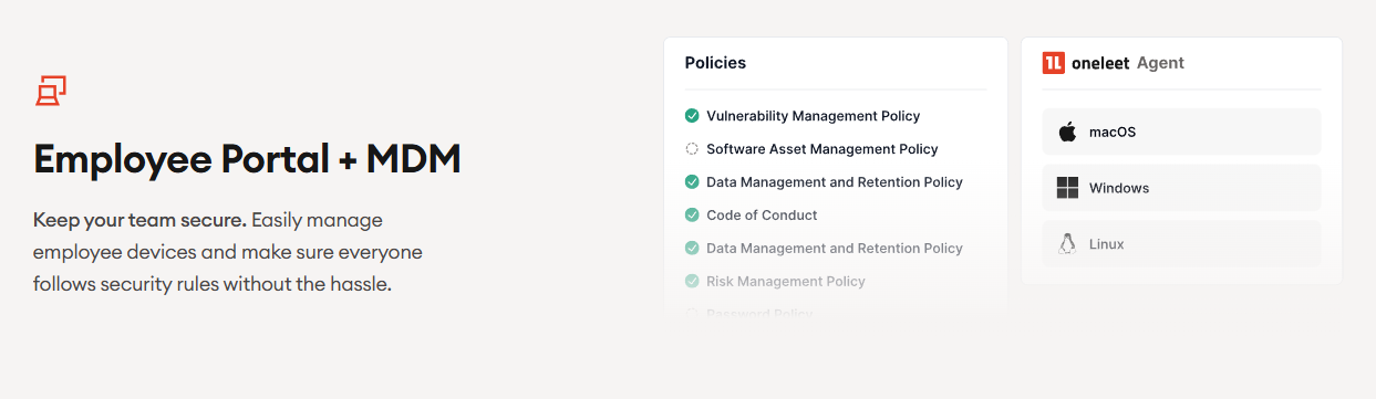 Employee portal and MDM panel listing security policies alongside Oneleet agent deployment options for macOS, Windows, and Linux devices.
