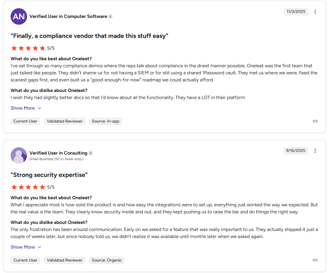 Oneleet customer reviews from g2 reviews describing Oneleet's lack of guidance.