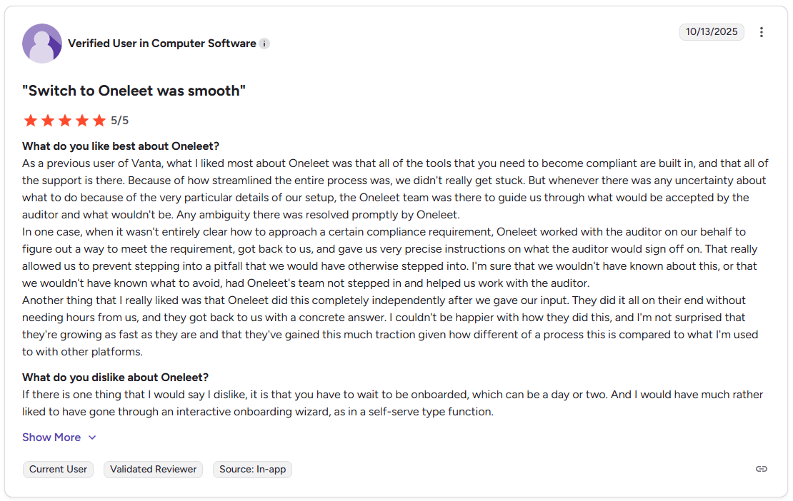 Oneleet customer review from g2 reviews describing the slower onboarding capabilities of Oneleet.