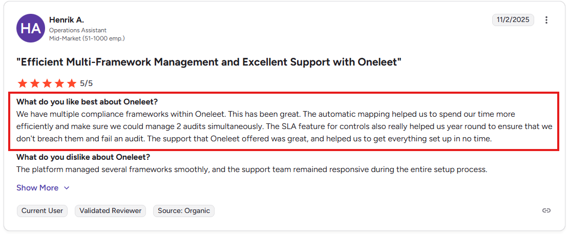 Oneleet customer review from G2 reviews highlighting the pros.