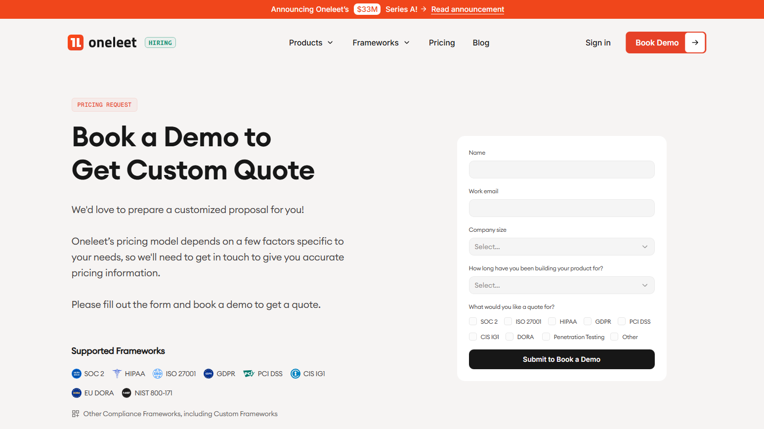 Oneleet pricing page featuring a demo booking form for custom quotes with fields for name, email, company, and supported compliance frameworks like SOC 2, ISO 27001, HIPAA, and PCI DSS.