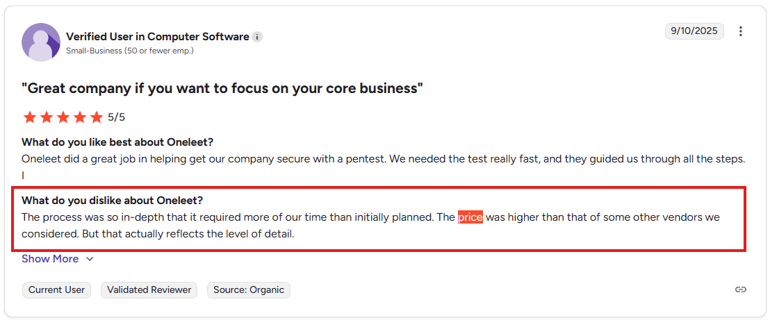G2 review from small business user highlighting Oneleet's fast and helpful team support, clear dashboard overview, and Slack channel for questions better than competitors.