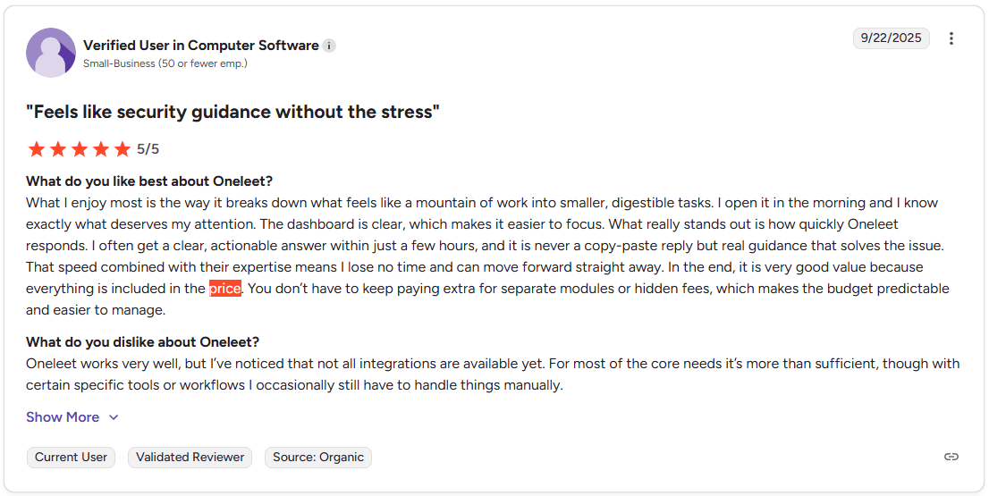 G2 review from small business user praising Oneleet pentest as deeper and more thorough than other vendors with clear guidance through all steps.