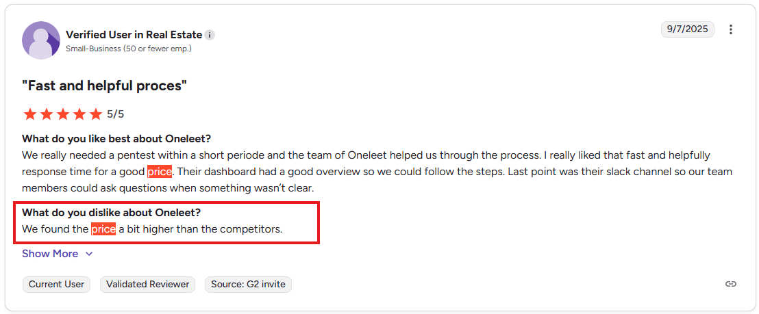 G2 review from computer software user commending Oneleet security guidance without stress, dashboard visibility, and sufficient core integrations despite some manual workflows.