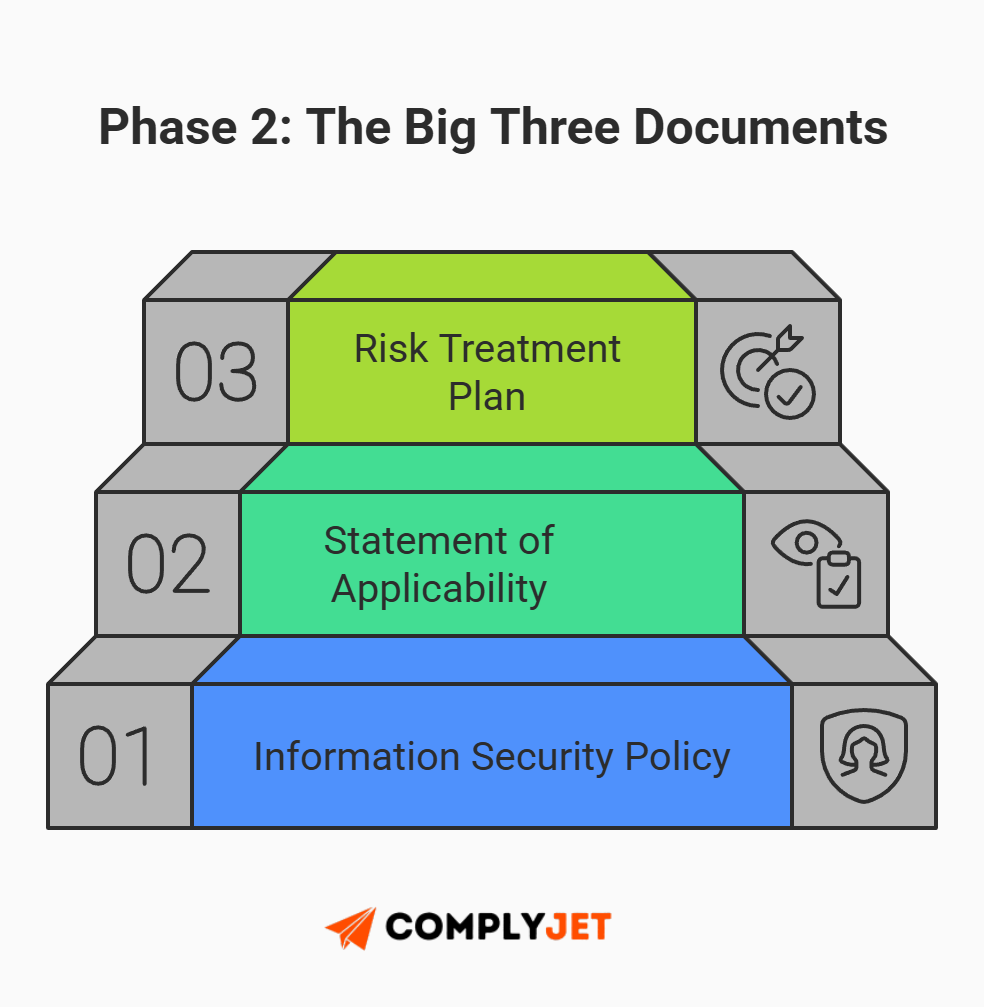 This is an infographic showing the three core ISO 27001 documents: information security policy, statement of applicability, and risk treatment plan. (Source: ComplyJet)