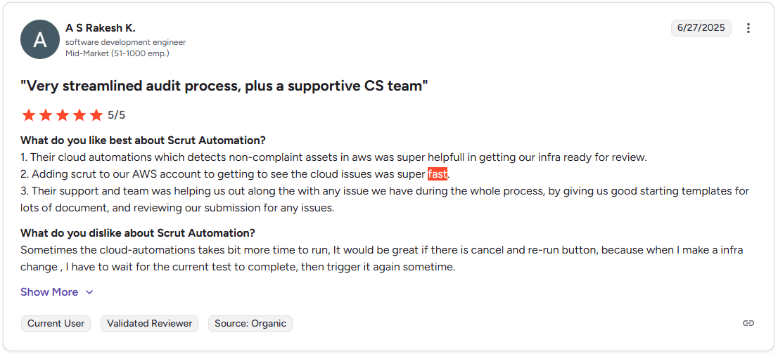 Scrut pricing review from G2 reviews highlighting the faster audits and fewer internal reviews.