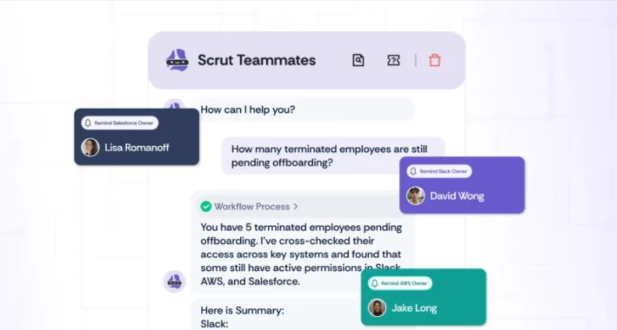 Scrut teammates assistant screen answering offboarding question and prompting reminders to system owners.