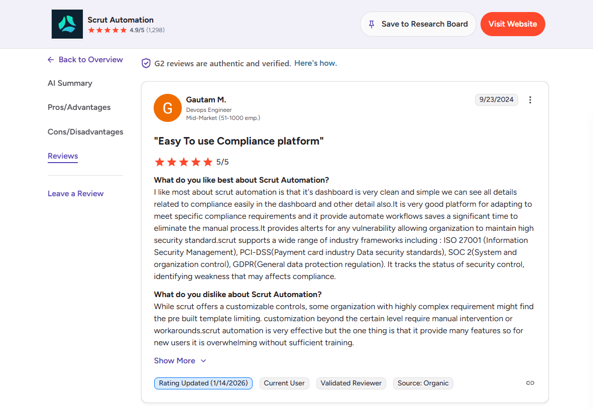 Scrut G2 review screenshot rating 5/5 praising clean dashboard, workflows, and support for ISO 27001, SOC 2, and GDPR.