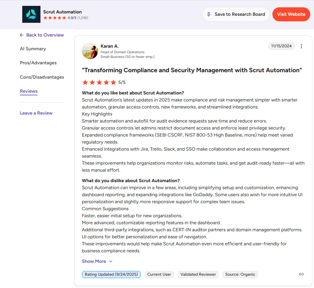 Scrut G2 review screenshot rating 5/5 highlighting 2025 updates, access controls, new frameworks, and improved integrations.