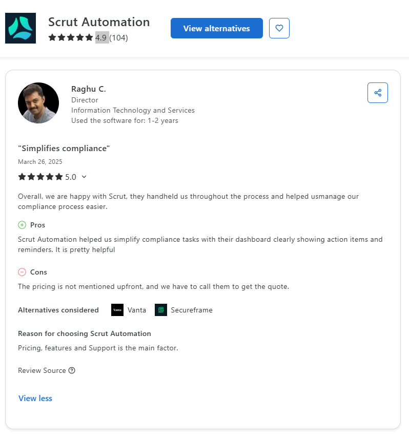 Capterra review screenshot of Scrut automation noting pricing not listed upfront and requires contacting sales for a quote.