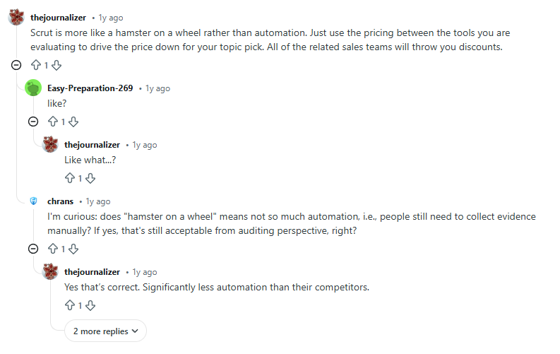 Reddit thread screenshot claiming Scrut feels like a hamster wheel with less automation than competitors.