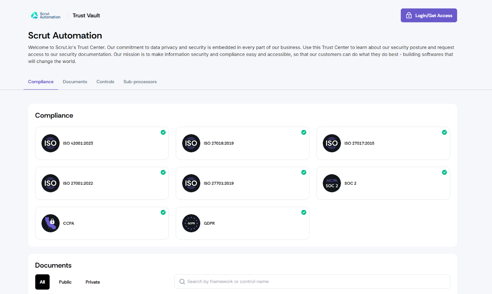 Scrut trust vault page listing supported frameworks and tabs for compliance, documents, controls, and sub-processors.