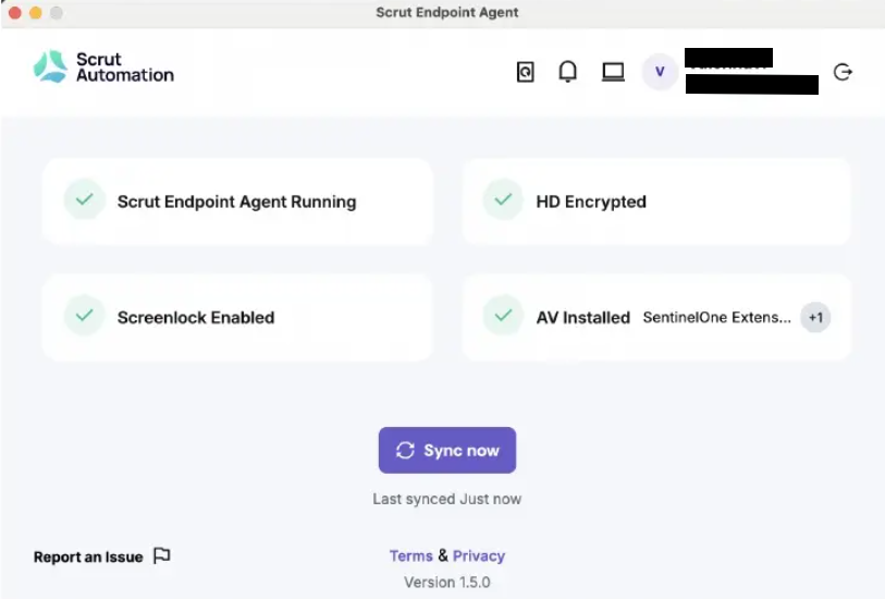 Scrut automation agent - Endpoint agent status screen showing encryption, screen lock, antivirus installed, and sync button.
