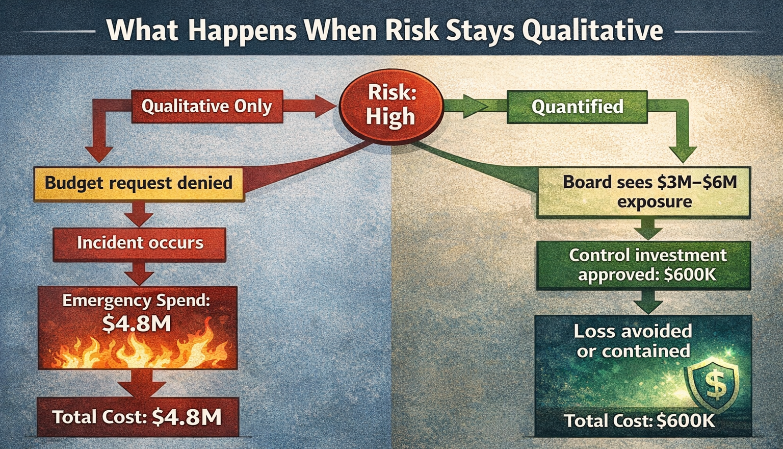 Risk quantification decision fork showing qualitative risk causing $4.8M emergency spend vs quantified risk with $600K control approval