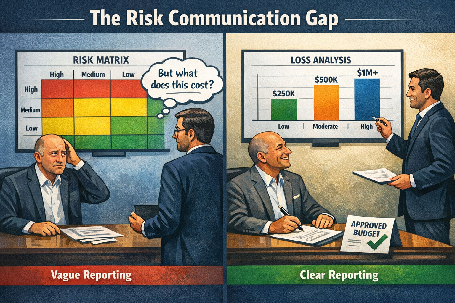This is an image of a boardroom comparison showing vague risk matrix vs loss analysis chart for cyber risk quantification