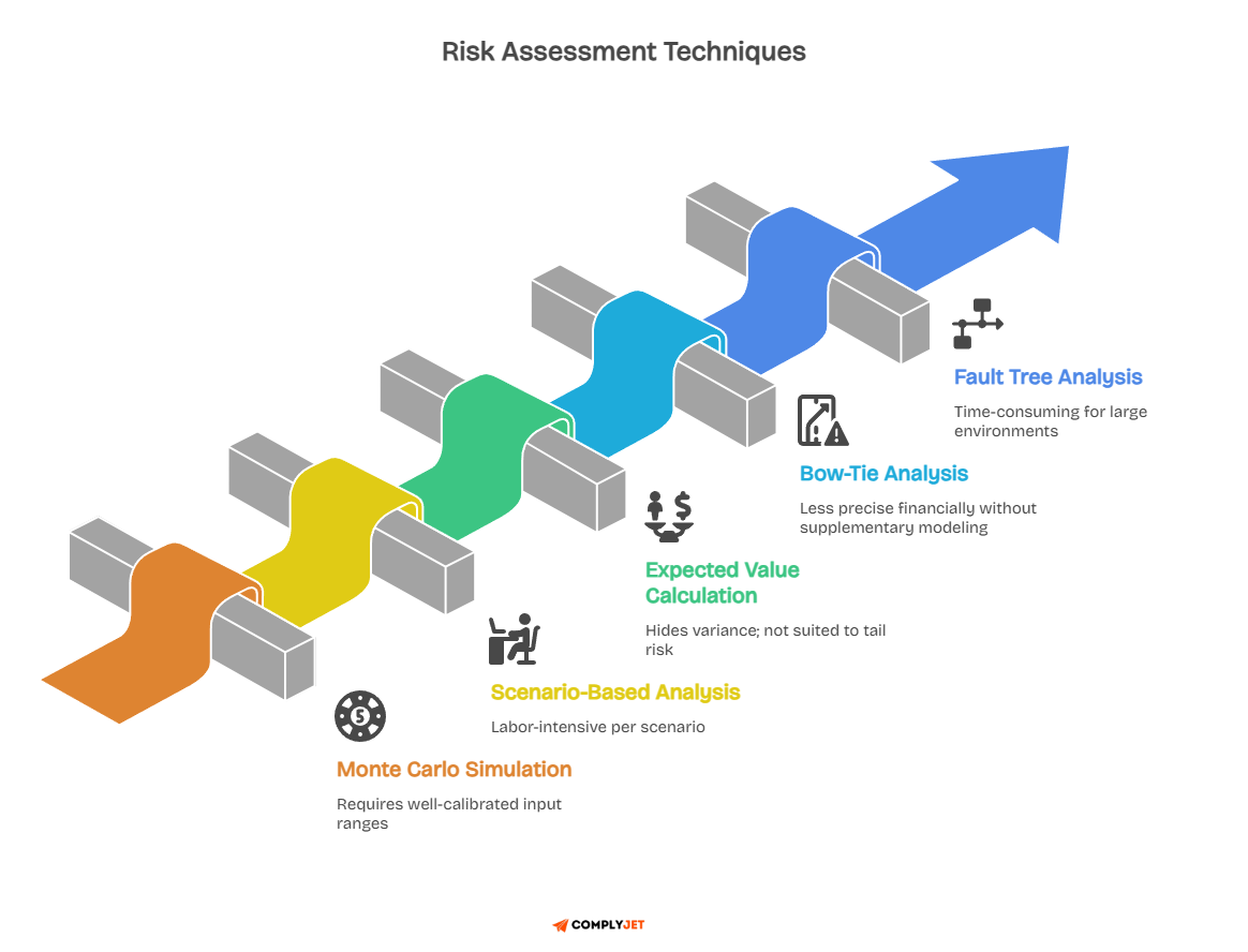 Risk methods chart comparing Monte Carlo, scenario analysis, expected value, bow-tie, and fault tree